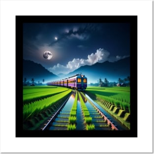 train in the rice fields Posters and Art